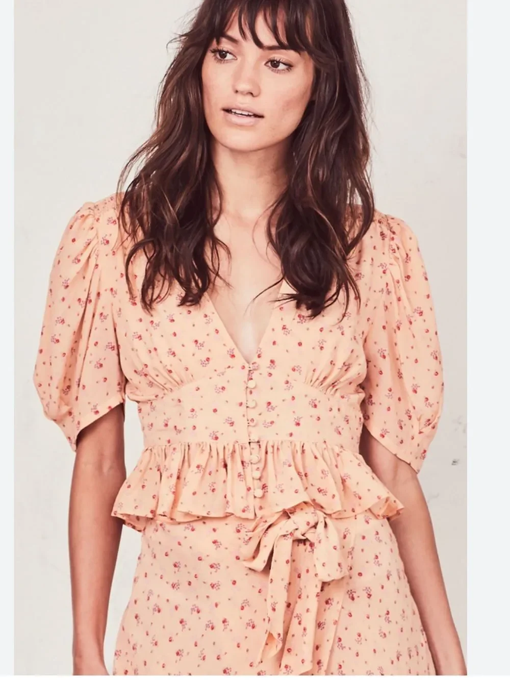 LoveShackFancy Peach Floral V‑Neck Peplum Blouse Silk Sz M